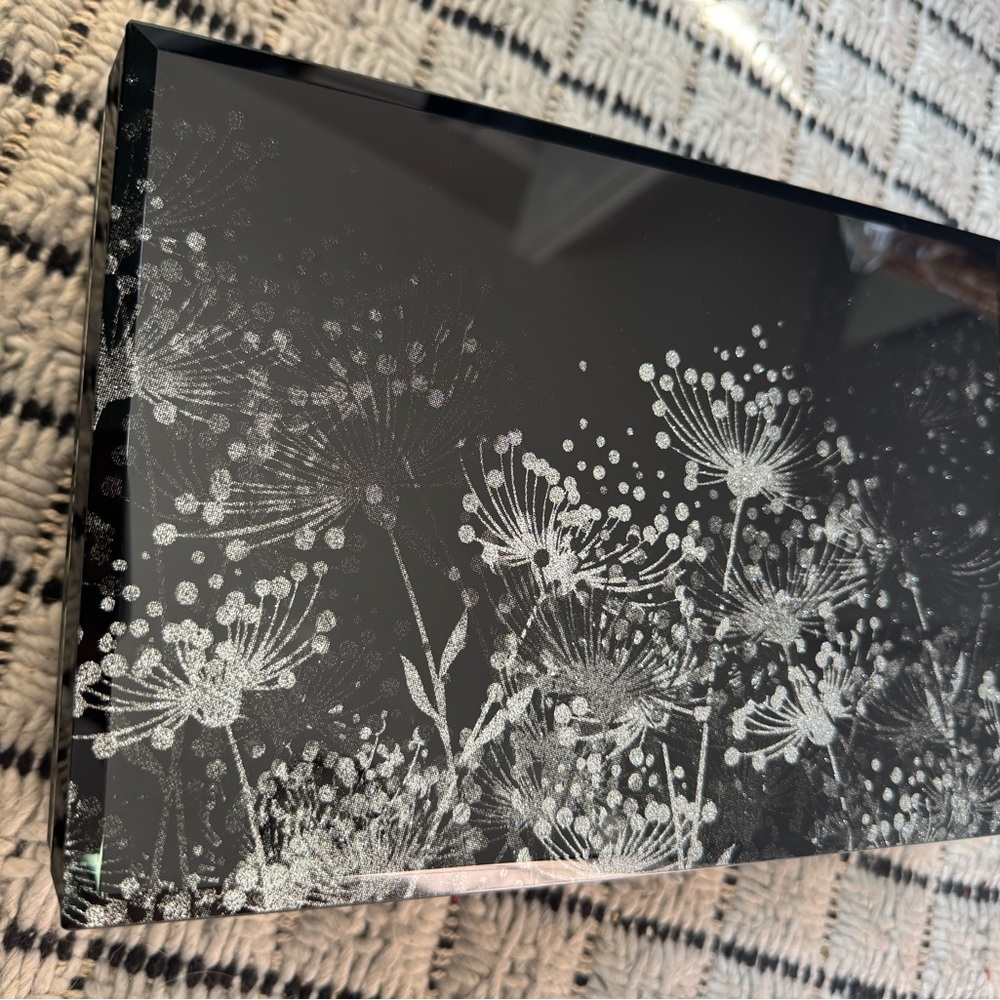 Acrylic jewelry box black  silver glitter sparkle dandelion design by GemVouge